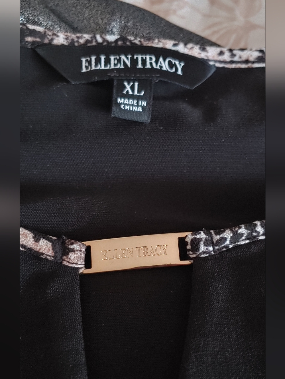 Ellen Tracy Black Top with Gold Logo Bar